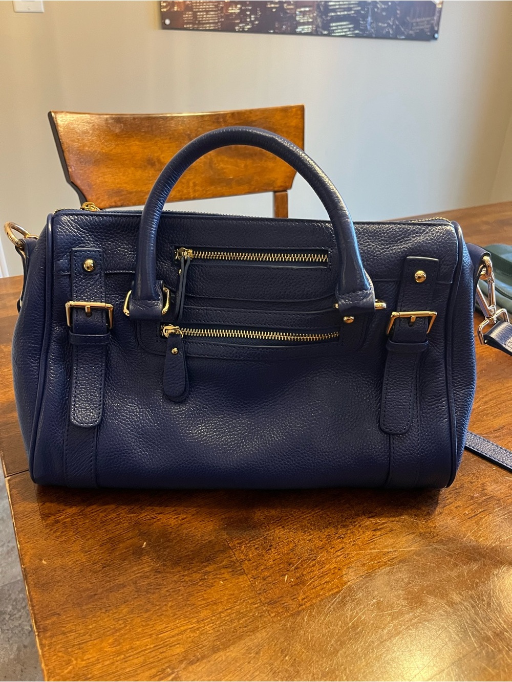 Navy Leather Satchel Handbag with Gold Hardware